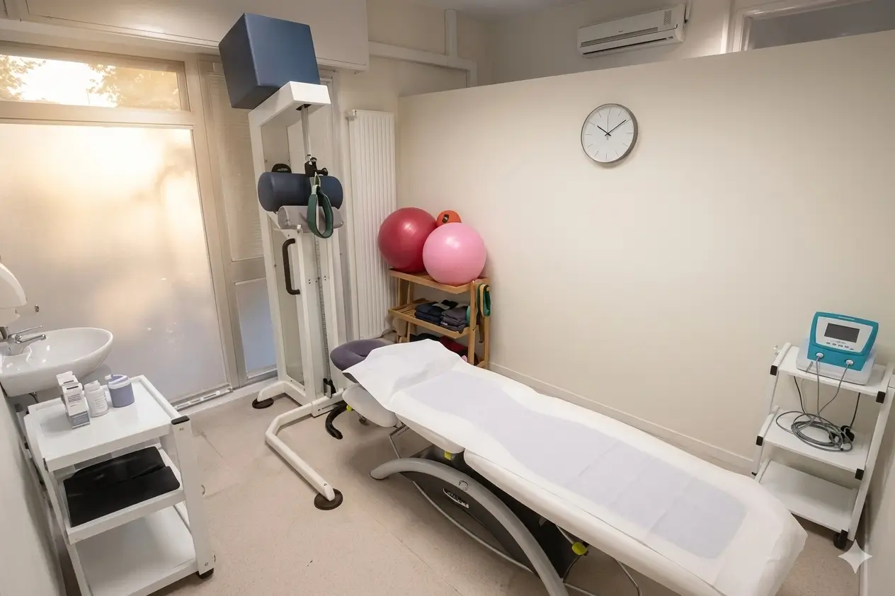 Sala trattamenti dello studio di fisioterapia a Mestre Zelarino con lettino professionale, fitball per esercizi e macchinari elettromedicali.